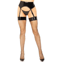 Leg Avenue 2 Pc Vinyl Garter Belt with Attached Fishnet Stockings and Matching G-String Panty Set, Multi, Med/LGE
