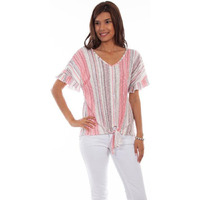 Scully Western Shirt Women S/S Stripe Front Tie XL Clay Coral F0_HC664