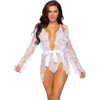 Leg Avenue 86112-00201 3 Pc Floral Lace Teddy With Adjustable Straps And Cheeky Thong Back, Matching Lace Robe With Scalloped Trim, And Satin Tie, Small, White