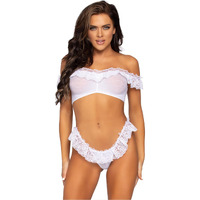 Leg Avenue Women's 2 Pc Lace Ruffle Off The Shoulder Set with Point D'Esprit Crop Top, Thong Panty, White, One Size