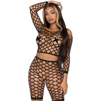 Leg Avenue Women's 2 Pc Pothole Net Crop Top, Bike Shorts Set, Black, One Size