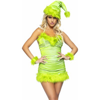 Leg Avenue 3 PC Christmas Baddie, includes ruched velvet dress with tie back halter straps and fur trim, wrist cuffs, and hat.