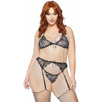 Leg Avenue 81627X-00108 3 Pc Rhinestone Eyelash Lace Bra Top, Garter Belt, And G-String, 1X-2X, Black