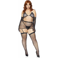 Leg Avenue womens 5 Pc Rhinestone Fishnet Garter Skirt With Bikini Top, G-string, Gloves, and Matching Stockings Lingerie Set, Black, 1X-2X US