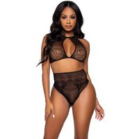 Leg Avenue 81646-00122 2 Pc Dotted Net Keyhole Halter Crop Top With Lace Accents And High Waist Thong Panty, O/S, Black