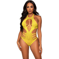 Leg Avenue 89295-17622 Seamless Lace Cut Out Strappy Bodysuit, O/S, Yellow