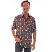 Scully Men's Pineapples and Flamingos All-Over Print Short Sleeve Button-Down Black X-Large