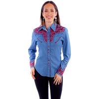 Scully Women's Floral Tooled Embroidered Long Sleeve Pearl Snap Western Shirt - PL-654-BCN X- US