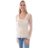 Scully Western Shirt Womens L/S Embroidered Mesh Tie S Ivory F0_HC747