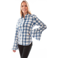 Scully Western Shirt Womens L/S Plaid Bell Sleeve M Blue F0_HC753