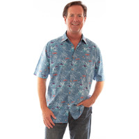 Scully Western Shirt Mens S/S Hawaiian Palm Tree Button L Blue F0_5311