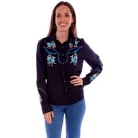 Scully Women's Floral Embroidered Long Sleeve Snap Western Shirt Black X- US