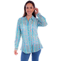 Scully Western Shirt Womens L/S Eyelet Button Print L Turq F0_HC897 Turquoise