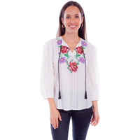 Scully Western Shirt Womens 3/4 Sleeve Embroidered XL White F0_HC877