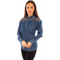Scully Western Shirt Womens L/S Crack Wash Snap Front L Denim F0_HC876