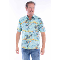 Scully Western Shirt Mens S/S Hawaiian Print Button L Aqua F0_5376