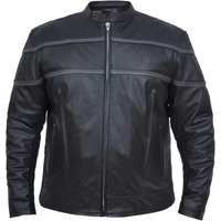 UNIK Men's Premium Scooter Gray Striped Cowhide Leather Motorcycle Jacket- Black