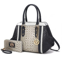 MKF Collection by Mia K. MKF-X729NV Daisy Croco Satchel Bag & Wallet44; Navy - 2 Piece