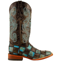 Ferrini Womens Patchwork Embroidered Square Toe Casual Boots Mid Calf Low Heel 1-2" - Blue, Brown - Size 7.5 B