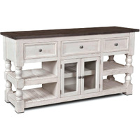 Sunset Trading Rustic French 70" 3 Drawer | 2 Door Glass Storage Cabinet | 4 Open Shelves | Distressed Solid Wood Console Table, Cottage White and Brown