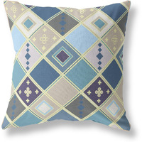 Amrita Sen Quilted Tile Diamonds Broadcloth Indoor Outdoor Double Sided Cushion, Zippered, Blue Gold