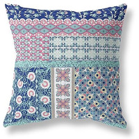 Amrita Sen Flower Castle Patchwork Suede Blown and Closed Pillow w/Insert in Blue and Pink