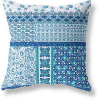 Amrita Sen Flower Castle Patchwork Suede Blown and Closed Pillow w/Insert in Blue and White