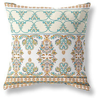 Amrita Sen Nandini Flowers Suede Blown and Closed Pillow w/Insert in Orange and Teal