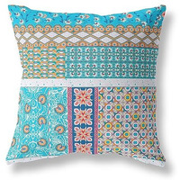 Amrita Sen Flower Castle Patchwork Suede Blown and Closed Pillow w/Insert in Turquoise and White