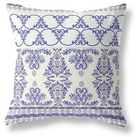 Amrita Sen Nandini Flowers Suede Blown and Closed Pillow w/Insert in White and Blue