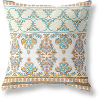 Amrita Sen Nandini Flowers Suede Zippered Pillow w Insert in Orange and Teal