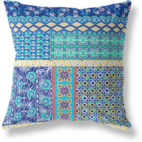 Amrita Sen Flower Castle Patchwork Suede Zippered Pillow w Insert in Navy and Yellow
