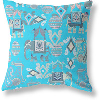 Amrita Sen Elephant Howdah Suede Blown and Closed Pillow w/Insert in Bright Blue and Gray