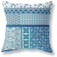 Amrita Sen Flower Castle Patchwork Suede Zippered Pillow w Insert in Blue and White