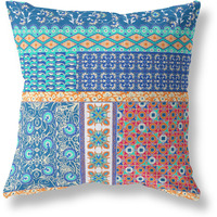 Amrita Sen Flower Castle Patchwork Suede Zippered Pillow w Insert in Blue and Orange