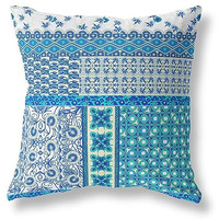 Amrita Sen Flower Castle Patchwork Suede Zippered Pillow w Insert in White and Blue