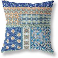 Amrita Sen Flower Castle Patchwork Suede Zippered Pillow w Insert in Navy and Orange