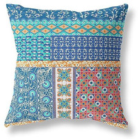 Amrita Sen Flower Castle Patchwork Suede Zippered Pillow w Insert in Blue and Orange