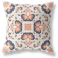 Amrita Sen Divine Flowers Suede Zippered Pillow w Insert in Off White and Blue