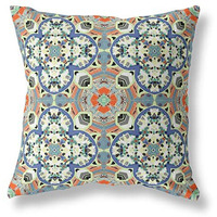 Amrita Sen Clover Leaf Floral Broadcloth Indoor Outdoor Blown and Closed Pillow Blue Cream Orange