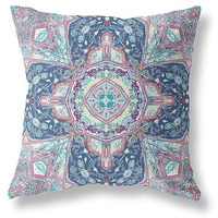 Amrita Sen Buddha Flower Ceremony Broadcloth Indoor Outdoor Blown and Closed Pillow Blue Light Blue Pink