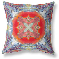 Amrita Sen Pastel Floral Squares Suede Blown and Closed Pillow Muted Blue Hot Orange
