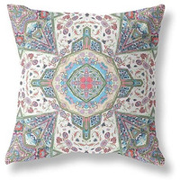 Amrita Sen Buddha Flower Ceremony Suede Zippered Pillow with Insert Green Cream Pink