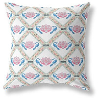 Amrita Sen Lotus Peacock Rose Broadcloth Indoor Outdoor Zippered Pillow White Blue Gray