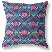 Amrita Sen Lotus Peacock Rose Suede Zippered Pillow with Insert Indigo Pink