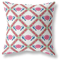 Amrita Sen Lotus Peacock Rose Broadcloth Indoor Outdoor Blown and Closed Pillow Pink Blue White