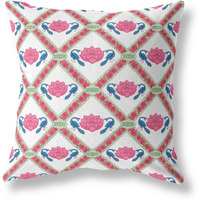 Amrita Sen Lotus Peacock Rose Suede Zippered Pillow with Insert Pink Blue White