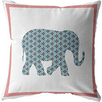 Amrita Sen Light Elephant Broadcloth Indoor Outdoor Blown and Closed Pillow Blue and Pink on White
