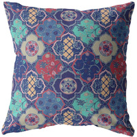 Amrita Sen Flower Diamonds Broadcloth Indoor Outdoor Blown and Closed Pillow Navy and Red