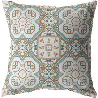 Amrita Sen Geo Mandala Broadcloth Indoor Outdoor Blown and Closed Pillow Orange and Light Blue on White